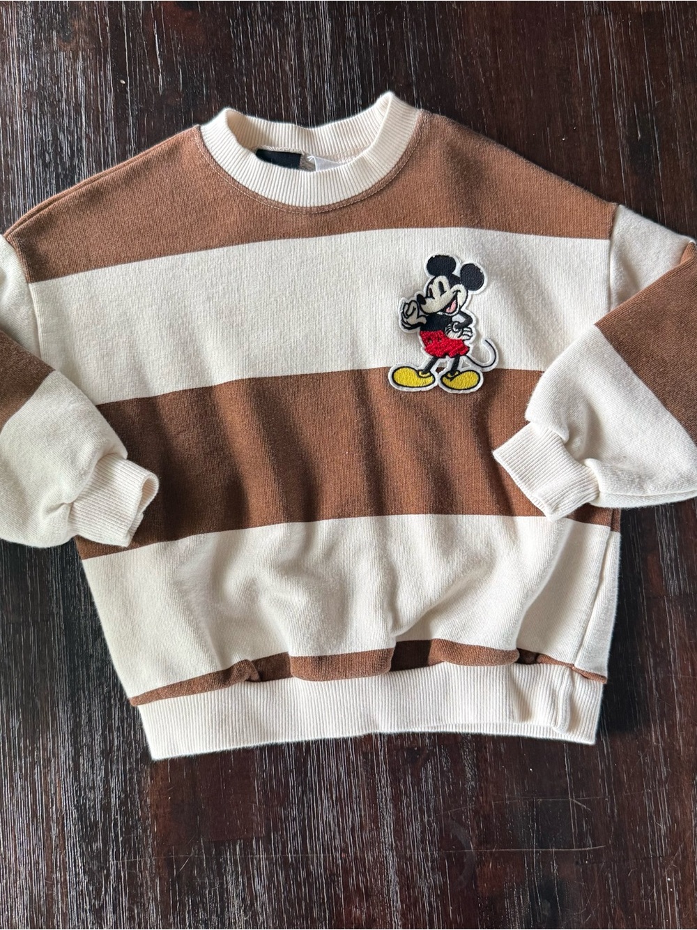 Zara Brown and Cream Striped Mickey Patch Crewneck